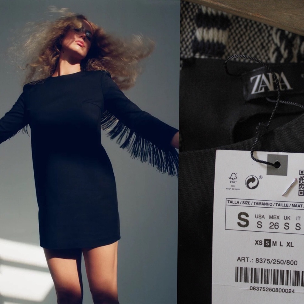 Zara NWT Shoulder Pad & Fringe with Long Sleeves Mini Dress Small
